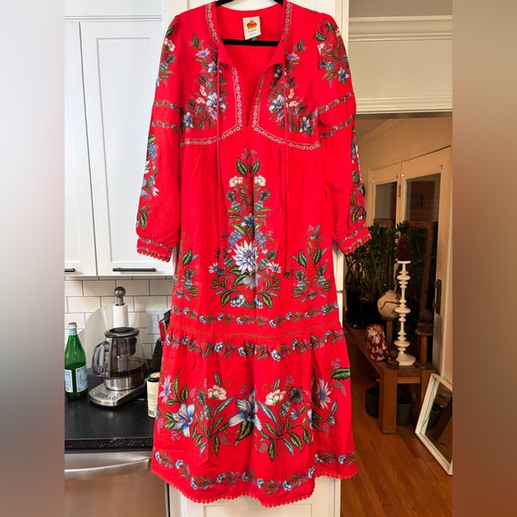 new Farm Rio Red Sweet Bloom Bouquet Lenzing™ Ecovero™ Euroflax™ Midi Dress - Picture 4 of 10